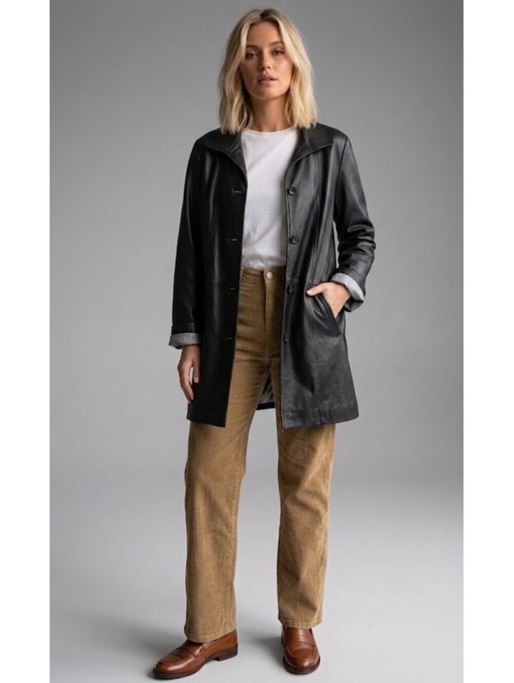 Gallery Women's Vintage Black Genuine Leather Long Coat - L